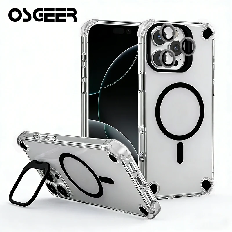 OSGEER เคสกันกระแทกแบบใสเต็มตัวสำหรับ iPhone 18/17/16/15/14/13/12/11 Pro Max พร้อมขาตั้ง ที่ยึดเลนส์ และรองรับการชาร์จไร้สาย