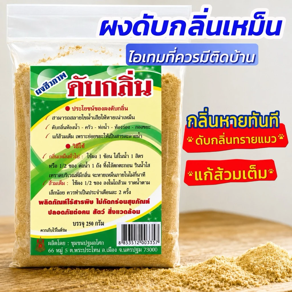 ผงชีวภาพดับกลิ่น สำหรับห้องน้ำ ห้องส้วม ท่อน้ำทิ้ง และทรายแมว สูตรไร้สารเคมี 100%