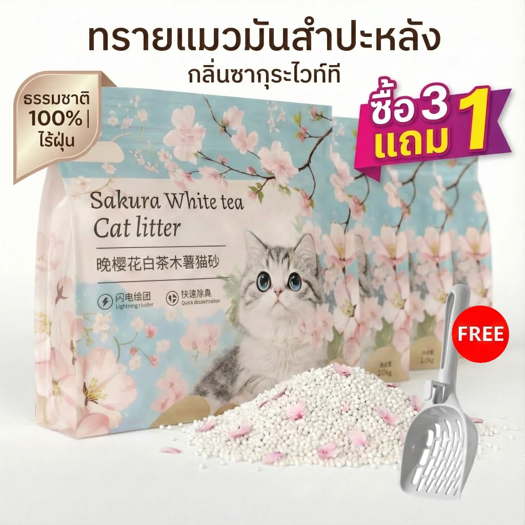 ทรายแมวมันสำปะหลัง กลิ่นซากุระไวท์ที จับตัวเป็นก้อนไว | ซื้อ 3 แถม 1 พร้อมที่ตักทราย