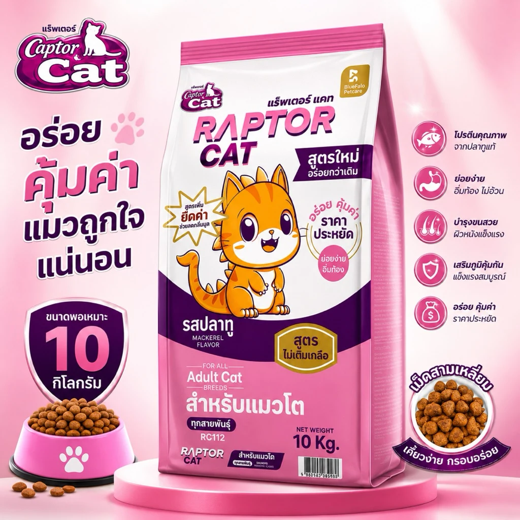 Raptor Cat อาหารแมวโต รสปลาทู ถุงสีชมพู ขนาด 10 กิโลกรัม