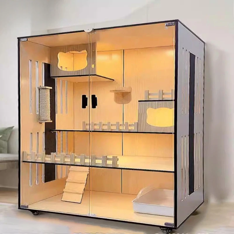 F&G Cat Villa บ้านและกรงแมวไม้เนื้อแข็ง ขนาดใหญ่ แบ่งพื้นที่ส่วนตัว พร้อมไฟ LED และประตูด้านข้าง