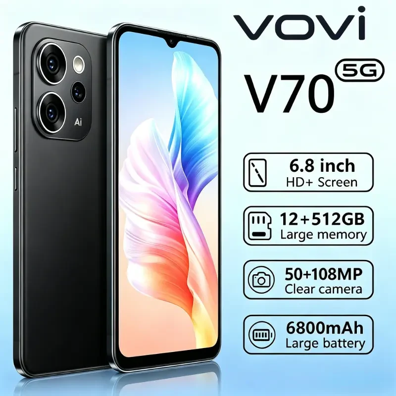 【รับประกัน 1 ปี】สมาร์ทโฟนรุ่นใหม่ปี 2026 VOVI V70 Black หน้าจอเต็ม 6.8 นิ้ว โทรศัพท์มือถือราคาพิเศษ RAM 12GB ROM 512GB โทรศัพท์ราคาถูก ระบบแอนดรอยด์ 5G WIFI โทรศัพท์เกมมิ่งราคาถูก ของแท้ รองรับซิมคู่ โทรศัพท์ราคาประหยัด สมาร์ทโฟน - TikTok Shop Thailand